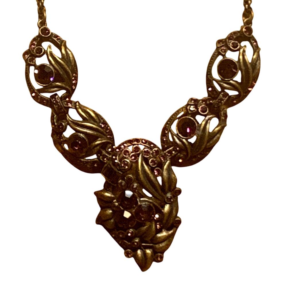 Sweet Romance Necklace Bronze with Purple Crystals Floral Design Made in USA